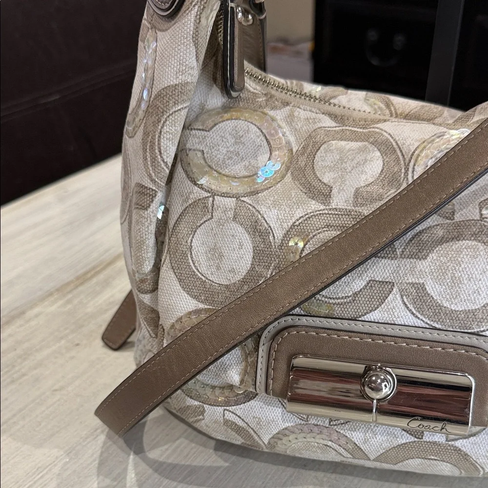 Coach Kristin Cream and Tan Signature Sequin Hobo Bag-EUC